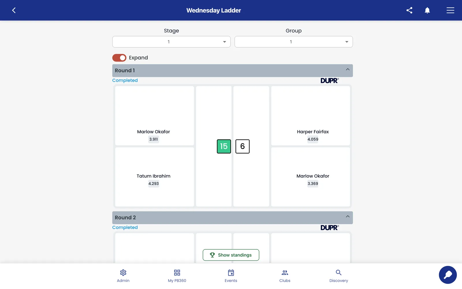 The manager view once an event has started: rounds, scores, DUPR status, and the standings button