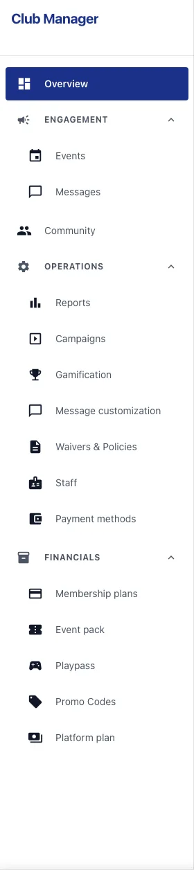 The PB360 admin sidebar listing Overview; Engagement; Community; Operations; and Financials, with their items