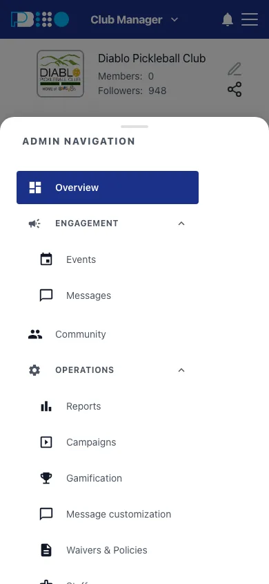 A phone-sized admin screen with the Admin Navigation sheet open over the Overview, listing the same menu items
