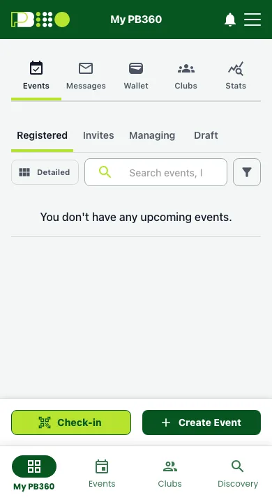 The My PB360 screen on a phone with a Check-in button next to Create Event above the bottom bar