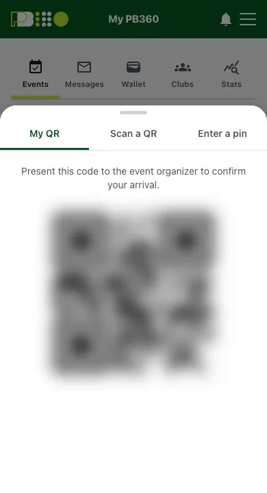 The check-in sheet on the My QR tab showing a large QR code, blurred here
