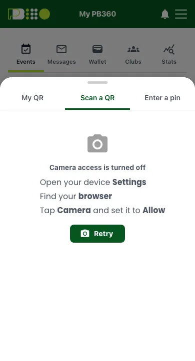 The Scan a QR tab showing Camera access is turned off, three steps to allow the camera, and a Retry button