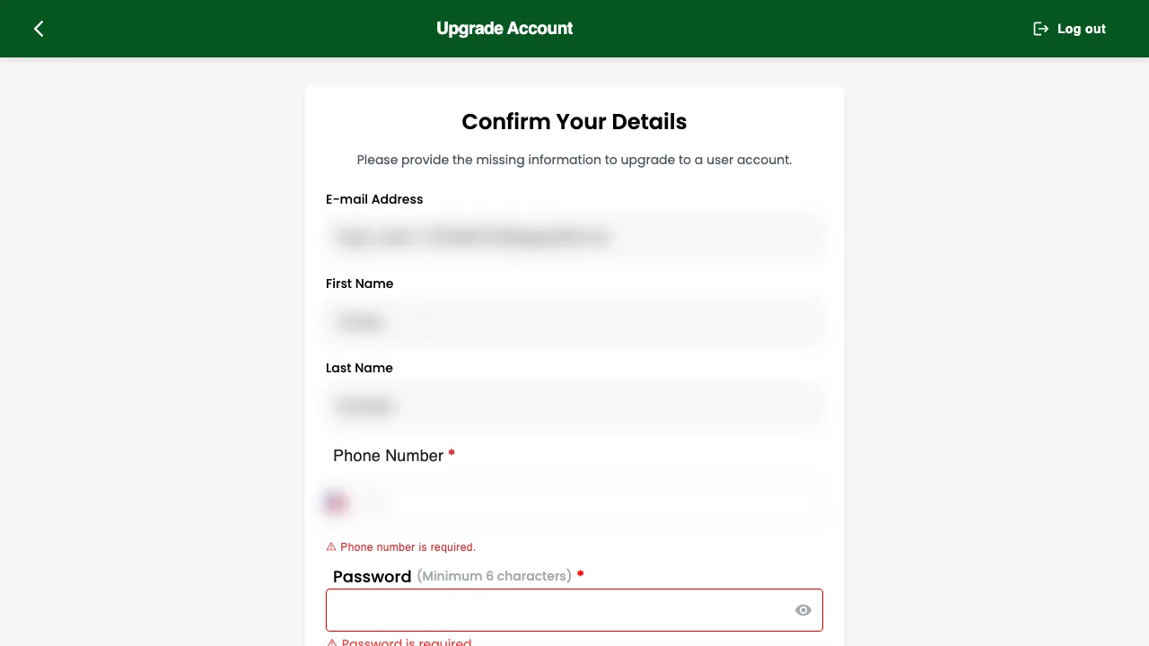 The Confirm Your Details form with the email and name already filled in and empty phone and password fields