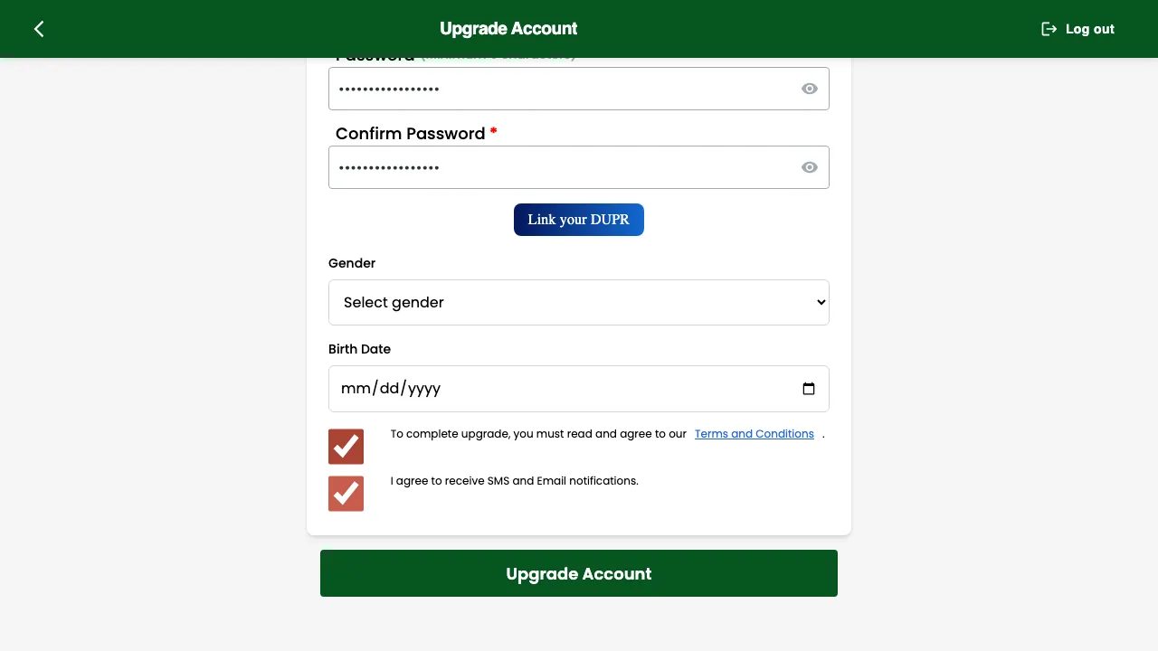 The Confirm Your Details form completed, with both agreement boxes checked and the Upgrade Account button enabled