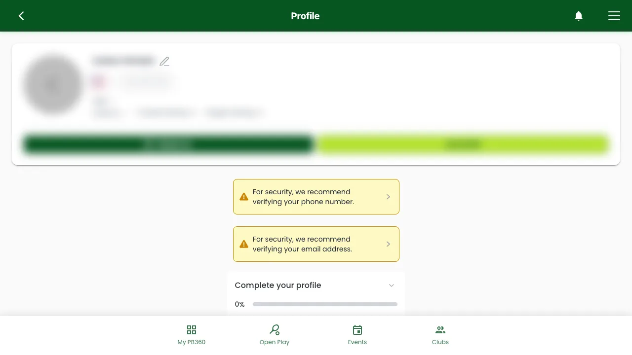 The player's profile page after upgrading, with no guest banner and the personal details blurred