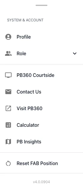 The app menu open, listing Profile, Role, PB360 Courtside, Contact Us, Visit PB360, Calculator and more