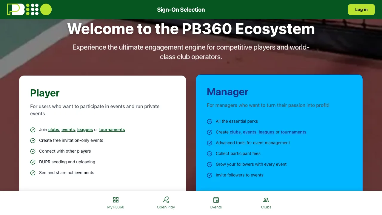 The Welcome to the PB360 Ecosystem page with a Player card and a Manager card, each with a Continue button