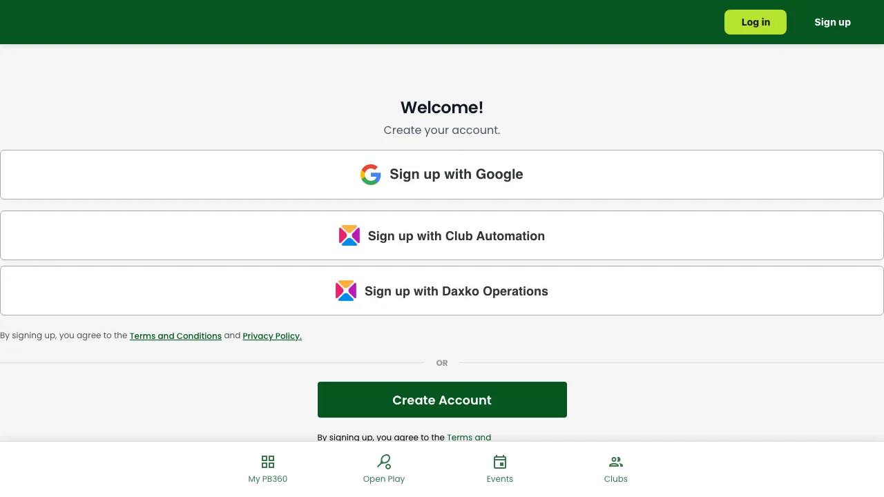 The sign-up screen with Google, Club Automation and Daxko Operations buttons above a Create Account button