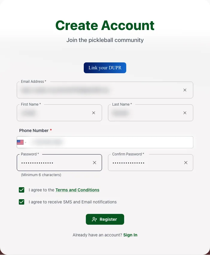 The Create Account form filled in, with both agreement boxes checked and the Register button enabled