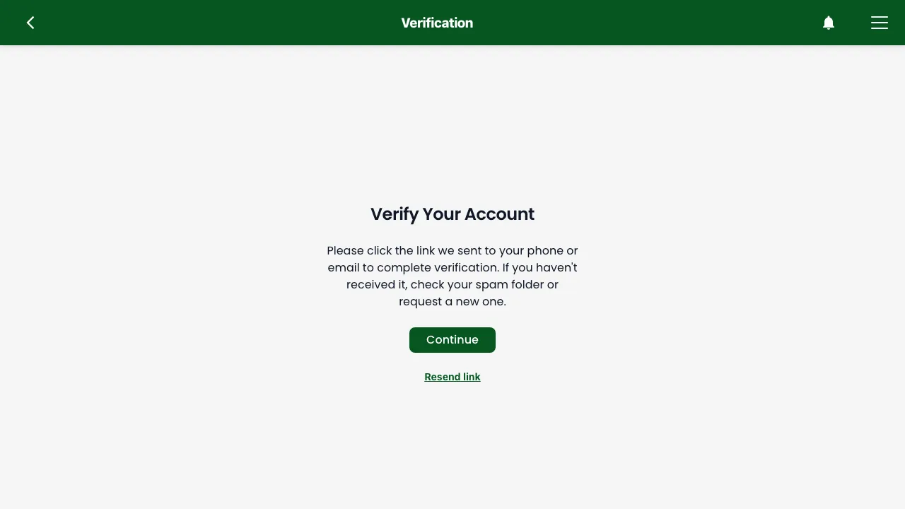 The Verify Your Account screen with a Continue button and a Resend link