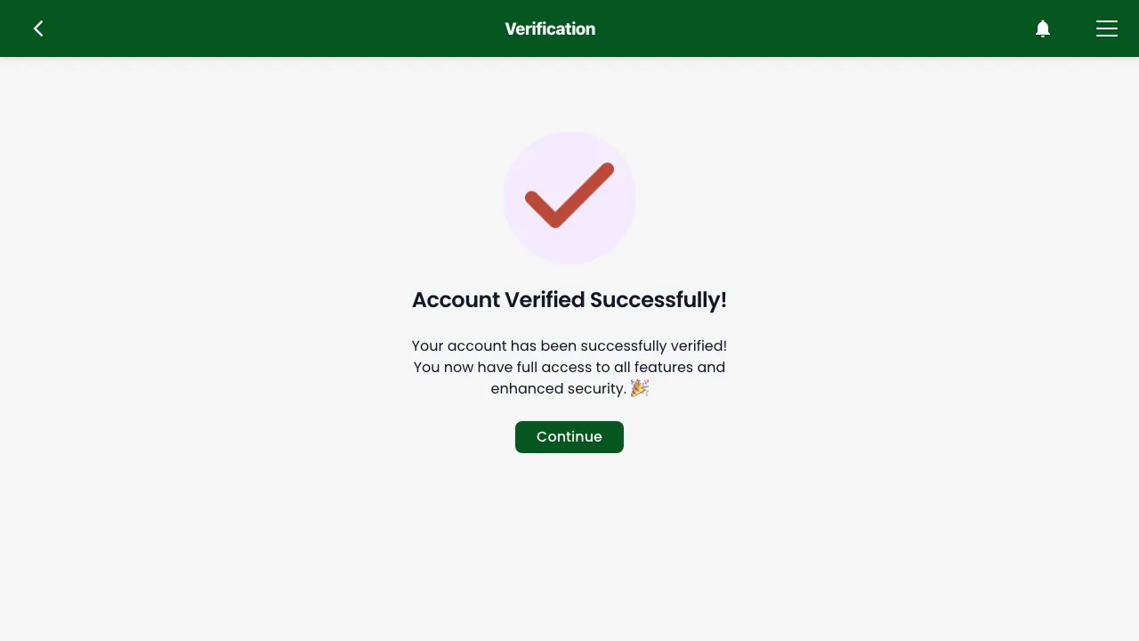 The Account Verified Successfully confirmation with a large check mark and a Continue button