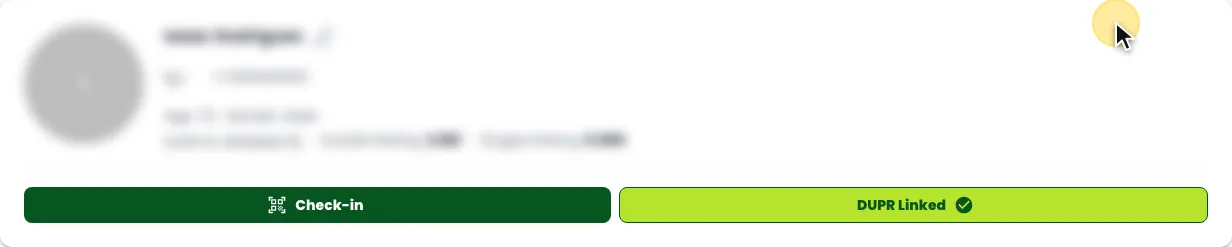 The profile card, with a check-in button and a DUPR linked button