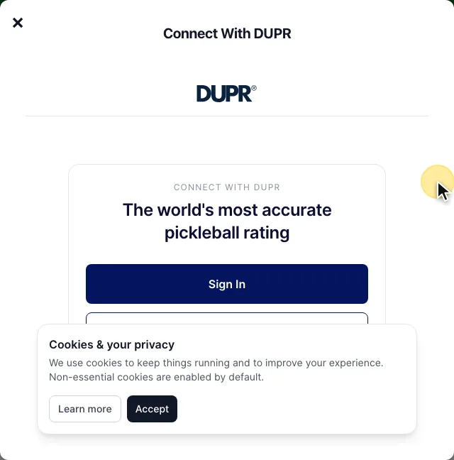 The Connect With DUPR window inside PB360, with a sign in button and DUPR's cookie notice
