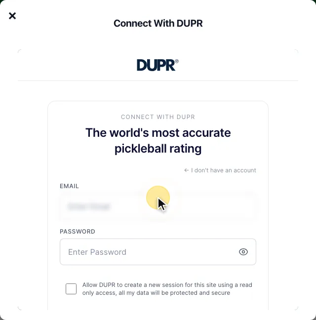 The DUPR sign-in form, with email and password fields and a box allowing read-only access