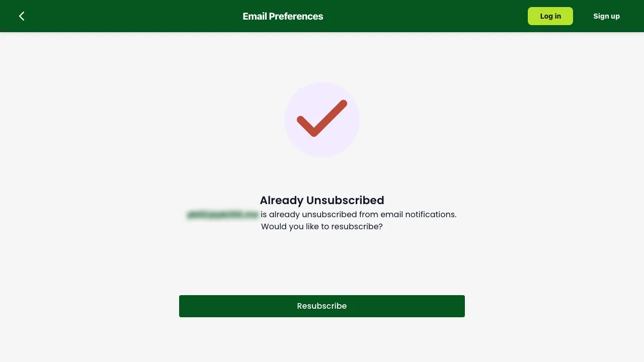 An Already Unsubscribed page asking whether you would like to resubscribe, with a Resubscribe button