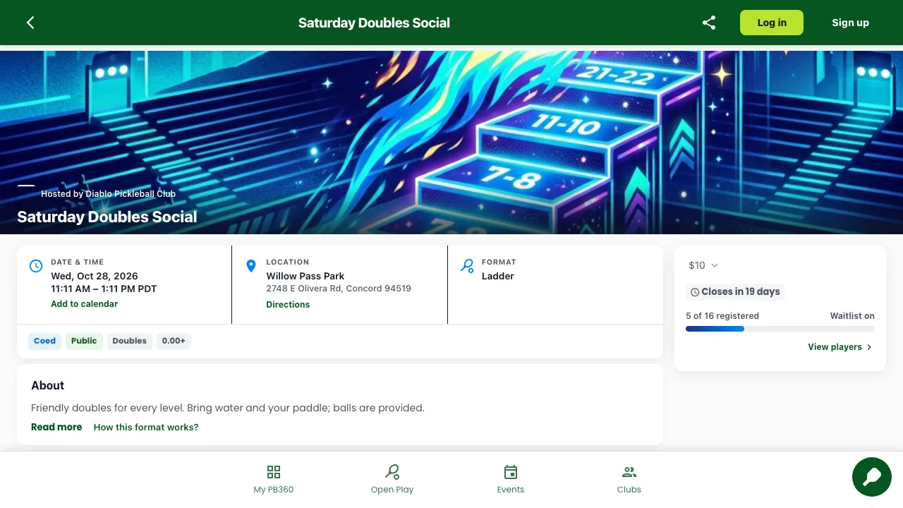 An event page with a cover image and title, a Hosted by line, a facts card with date, location and format, and a registration summary with price, closing date and a spots bar