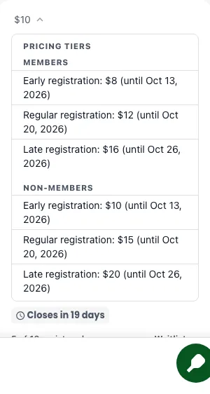 The registration summary with the fee breakdown open, listing early, regular and late registration prices for members and non-members