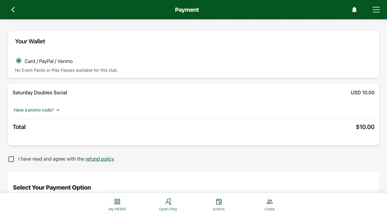 The checkout page for the event after signing in, with the order total