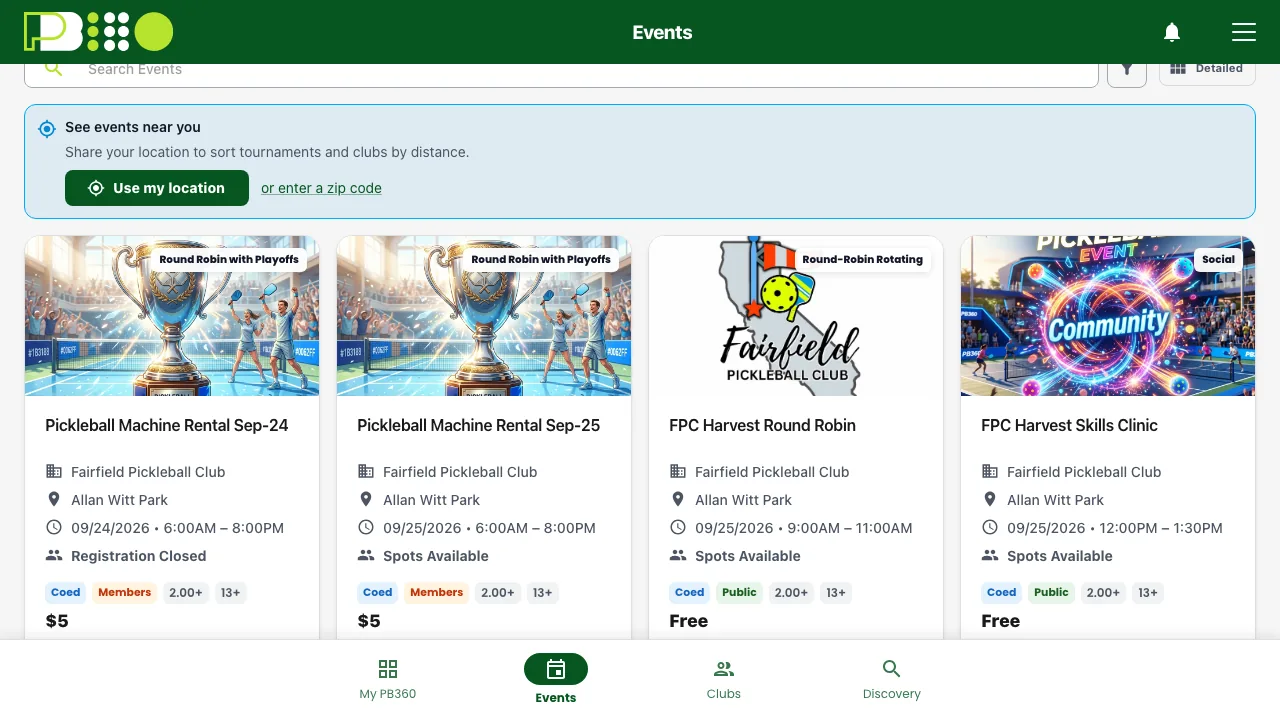 A grid of event cards, each with an image, the event name, club, venue, date and time, eligibility chips and a price