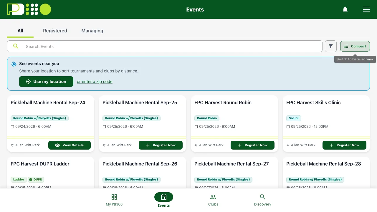 The events list in compact view with smaller cards, four to a row