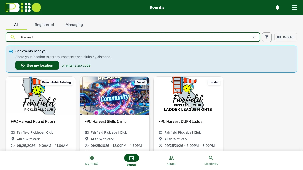 The Search Events box with a search typed in and the list narrowed to the three matching events