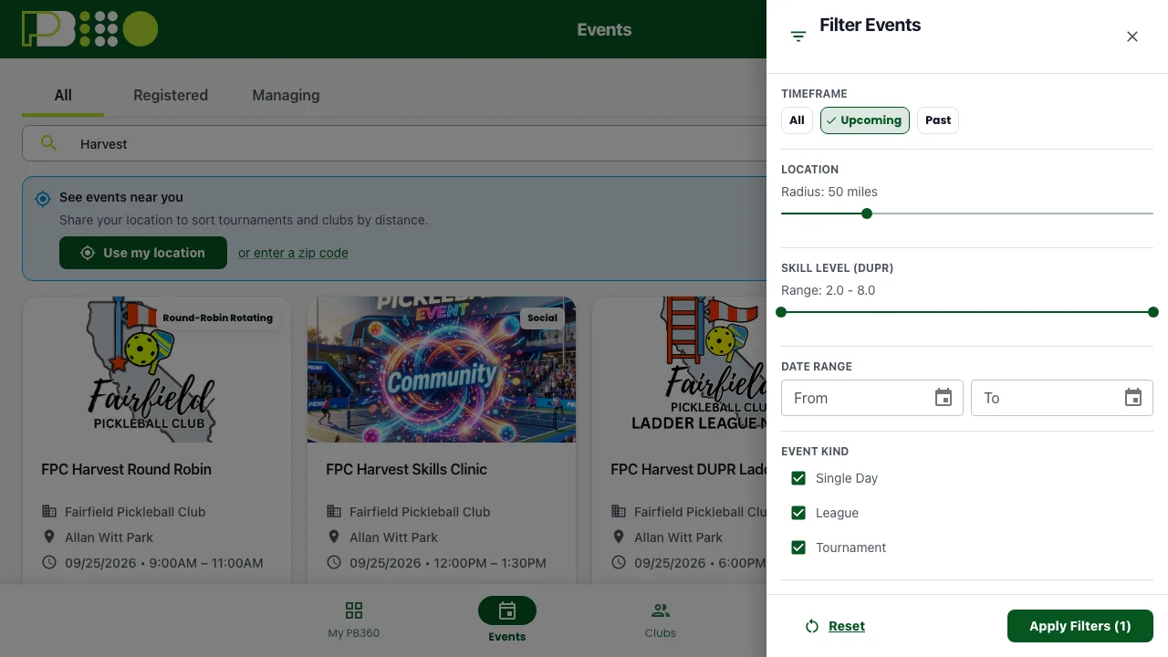 The Filter Events panel with Single Day, League and Tournament checkboxes, date fields and an Apply Filters button