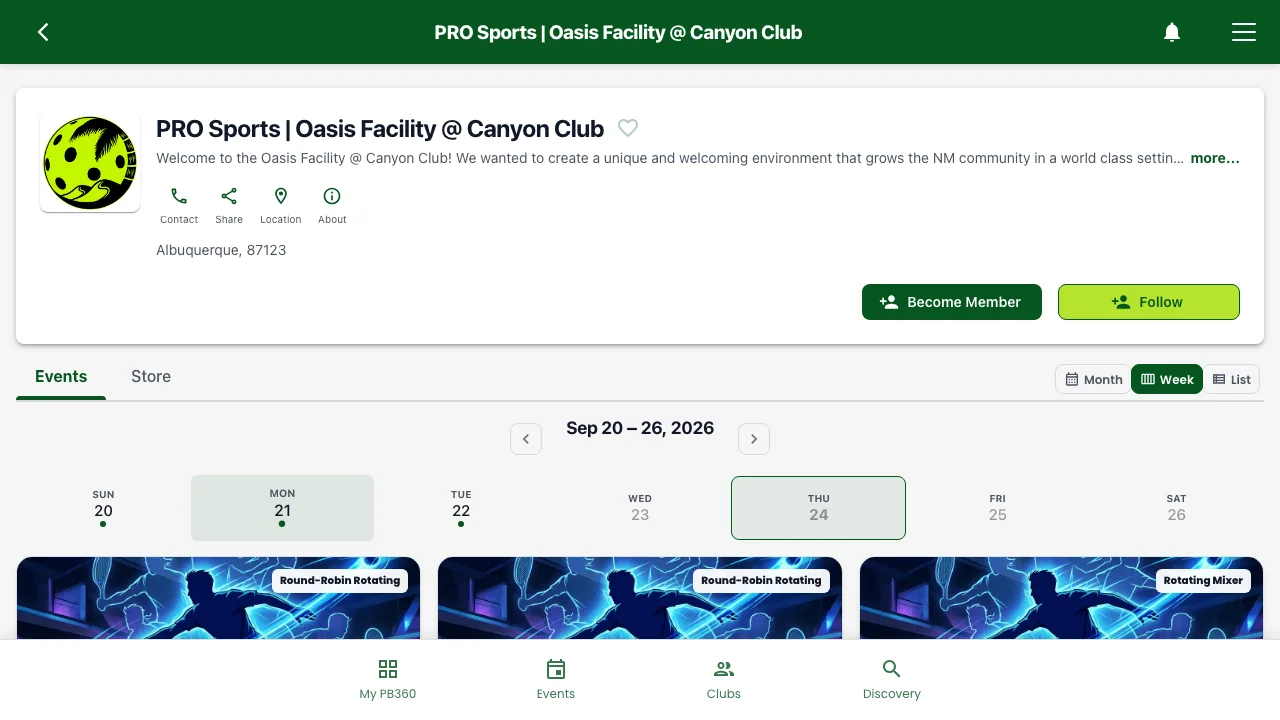 A club page header with the club name, a Become Member button, a Follow button and a heart