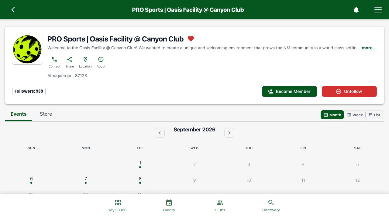 The club Events tab showing a month calendar with the Month, Week and List toggles