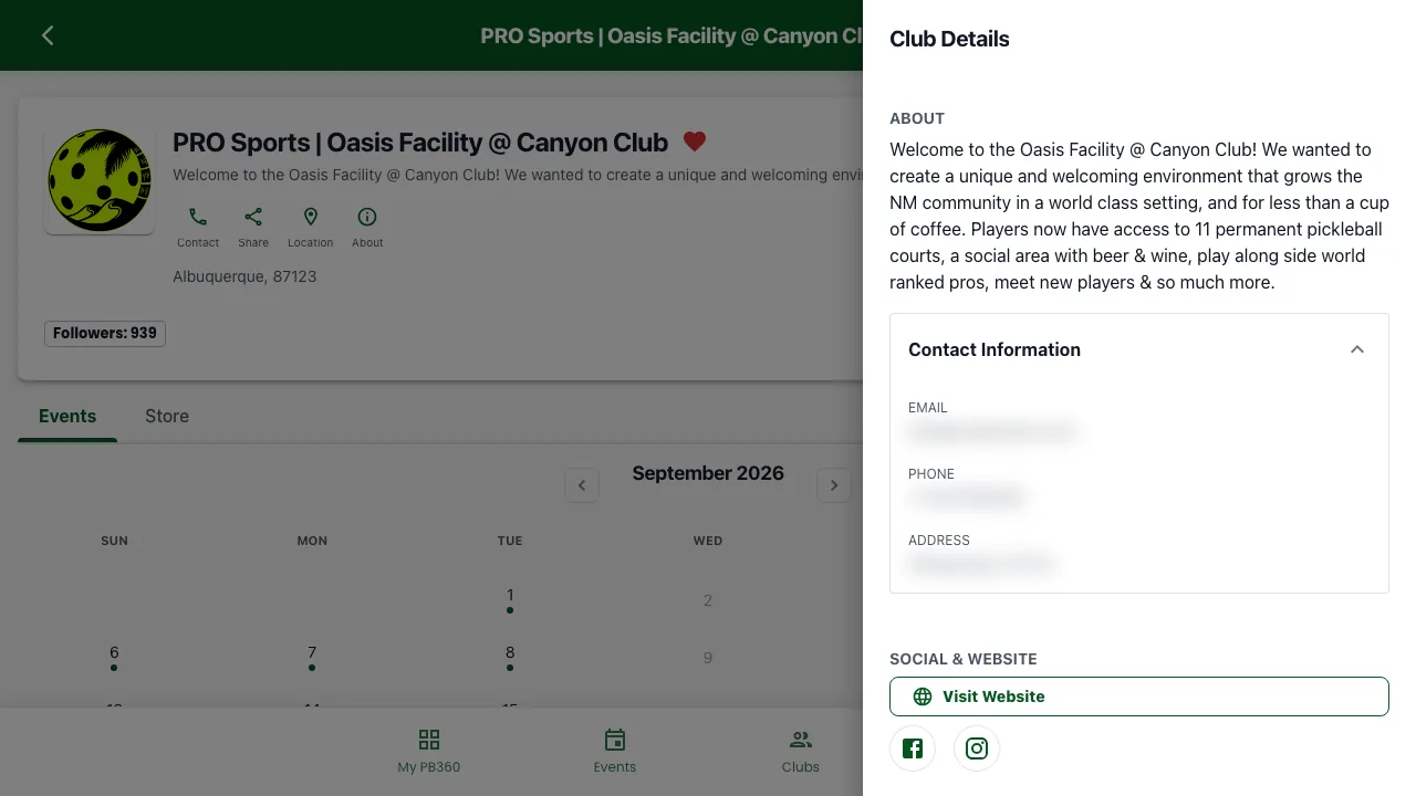 The Club Details panel showing About, a Contact Information section and Visit Website, Facebook and Instagram buttons