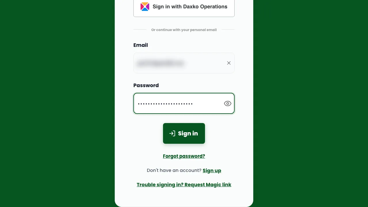 The sign-in form with email and password filled in, and the forgot password, sign up and magic link options below the sign-in button