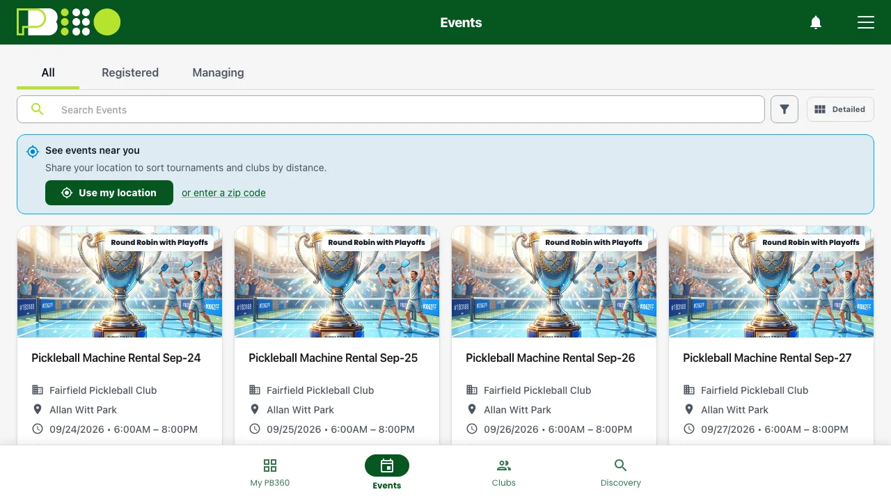 The Events page after signing in, with the navigation bar along the bottom
