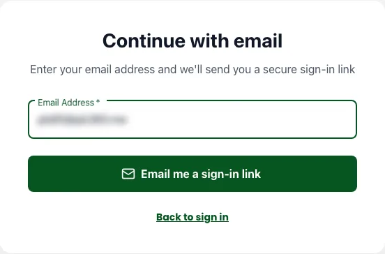 The continue with email screen, with an email address field and an email me a sign-in link button