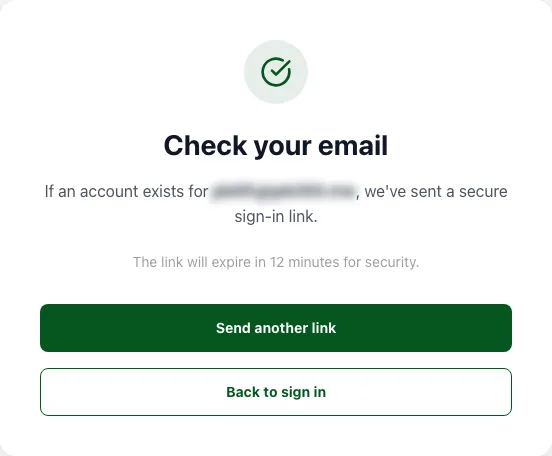 The check your email confirmation, with send another link and back to sign in buttons
