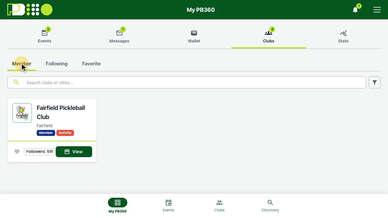 The Clubs tab with Member selected, showing a club card with its follower count and a View button