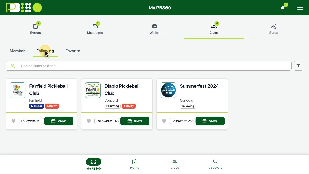 The Clubs tab with Following selected, showing three club cards