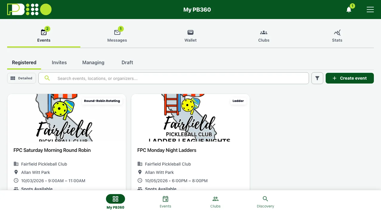 My PB360 Events with Registered selected, showing two upcoming event cards with club, venue, date and time