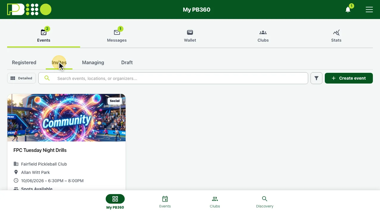 My PB360 Events with Invites selected, showing one event card