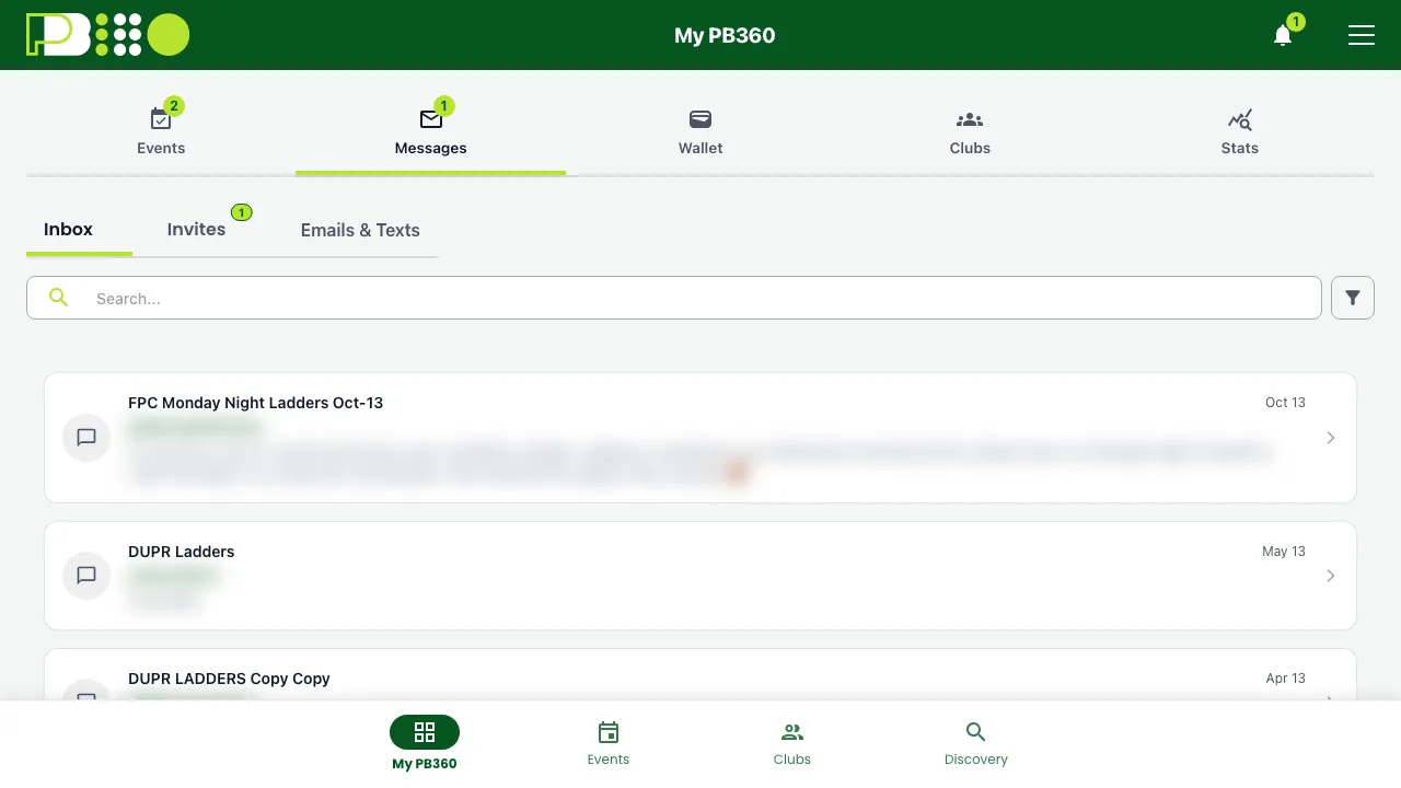 The Inbox, listing organizer messages by event, with the senders and message text blurred