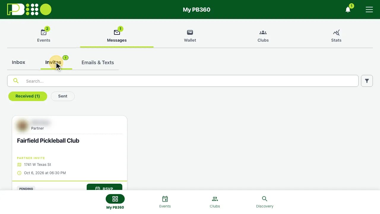 Invites with Received selected, showing one pending partner invitation with an RSVP button