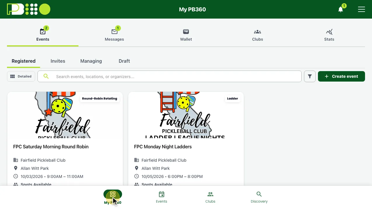 The My PB360 screen with the Events, Messages, Wallet, Clubs and Stats tabs across the top, showing two upcoming events