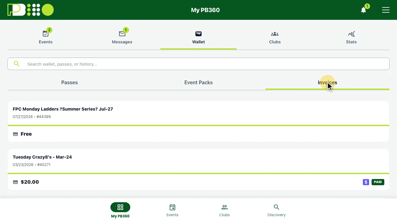 The Wallet tab with Invoices selected, listing past payments with the event, date, invoice number and amount