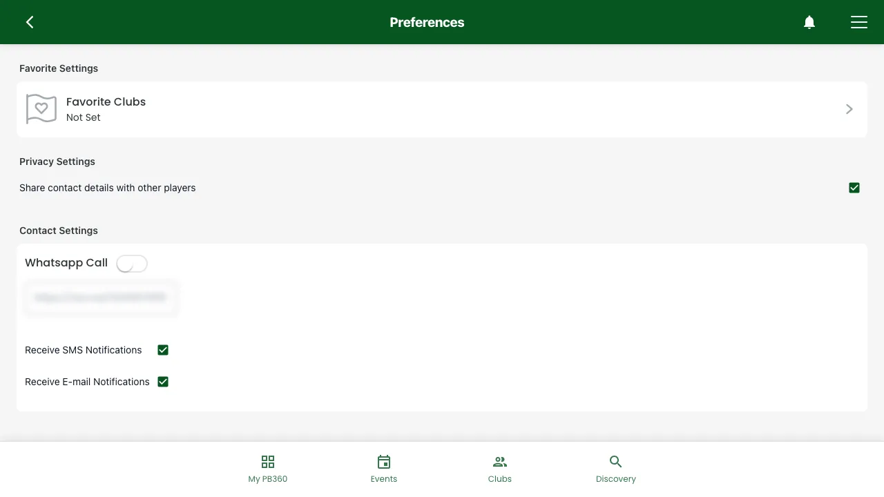 The Preferences page with Favorite Settings, Privacy Settings and Contact Settings, including the Receive SMS Notifications and Receive E-mail Notifications checkboxes