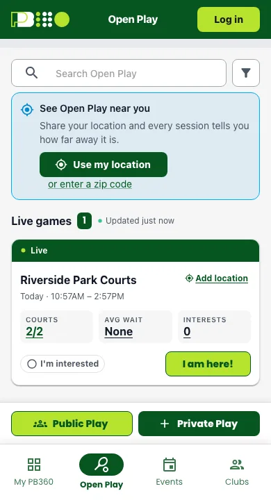 The Open Play page on a phone with a Live games section and a session card for Riverside Park Courts