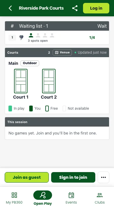 An Open Play session page on a phone showing its courts, with Sign in to join and Join as guest buttons at the bottom