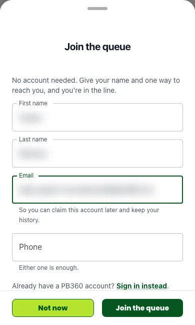 The Join the queue drawer with first name, last name, email and phone fields and a Join the queue button