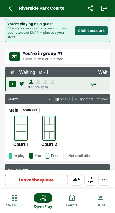 The Open Play session showing the player's place in line, a Leave the queue button, and a You're playing as a guest banner with a Claim account button