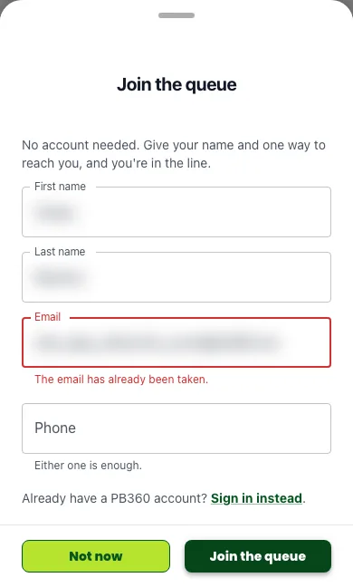 The guest form with an error under the email field saying the email has already been taken, and a Sign in instead link