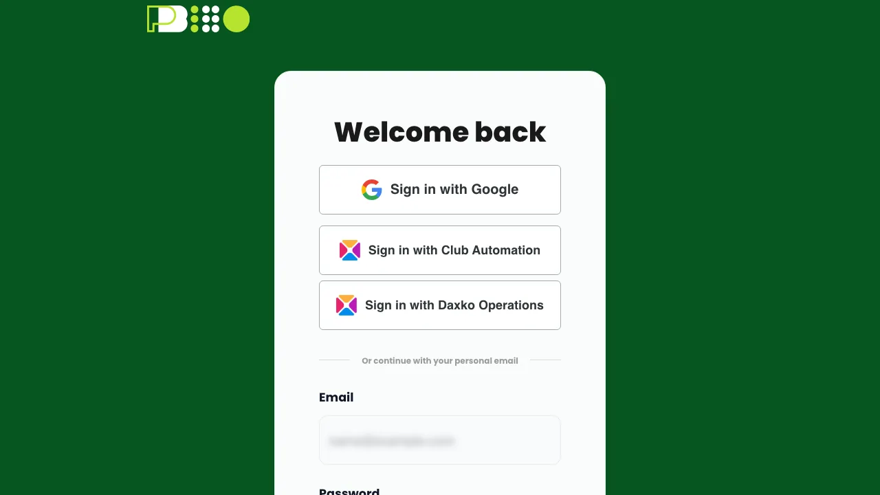 The PB360 sign-in screen, with Google, Club Automation and Daxko Operations buttons above the email field