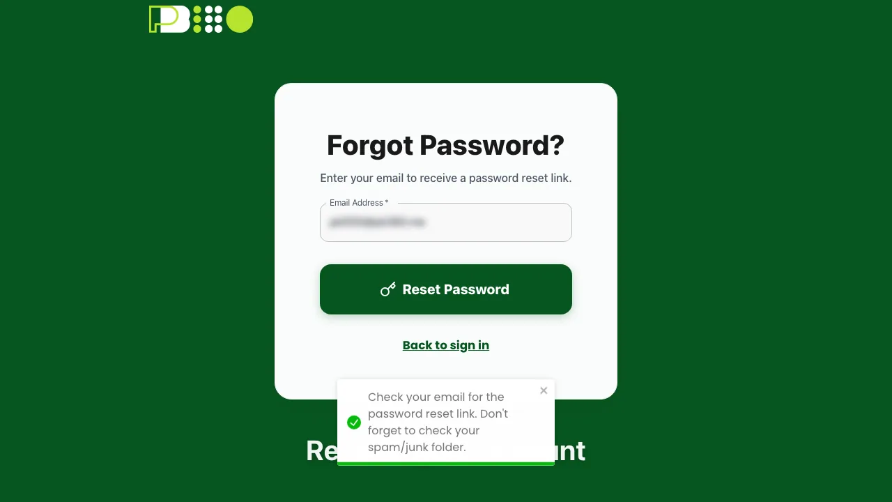 The forgot password form, with a confirmation that a reset link has been emailed