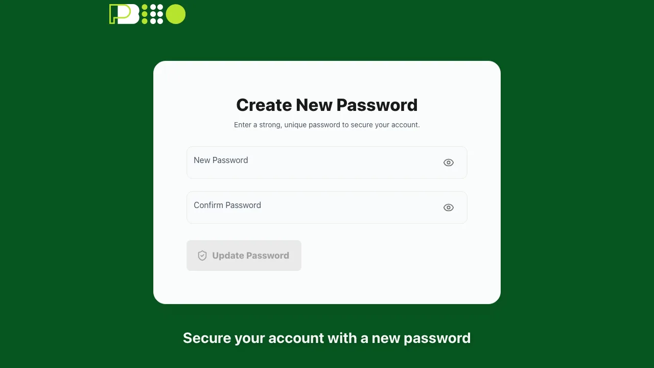 The create new password screen, with new password and confirm password fields